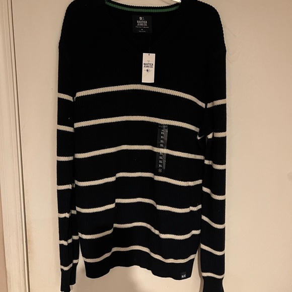 Mens Nautica Blue with White Stripe V-Neck SweaterNWT